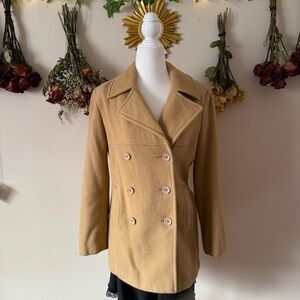 Preppy/Business Casual Express Tan Double-Breasted Pea Coat